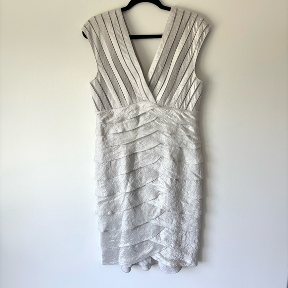 Adrianna Papell Silver Gray Tiered Ruffle Layered Cocktail Sheath Dress Formal - Picture 1 of 10